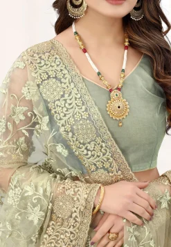 Embroidered Net Saree in Dusty Green