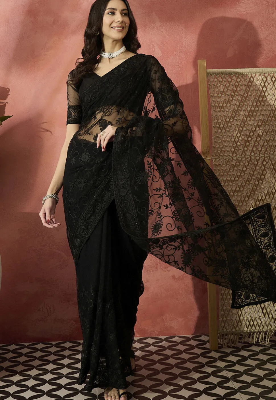 Embroidered Net Saree in Black
