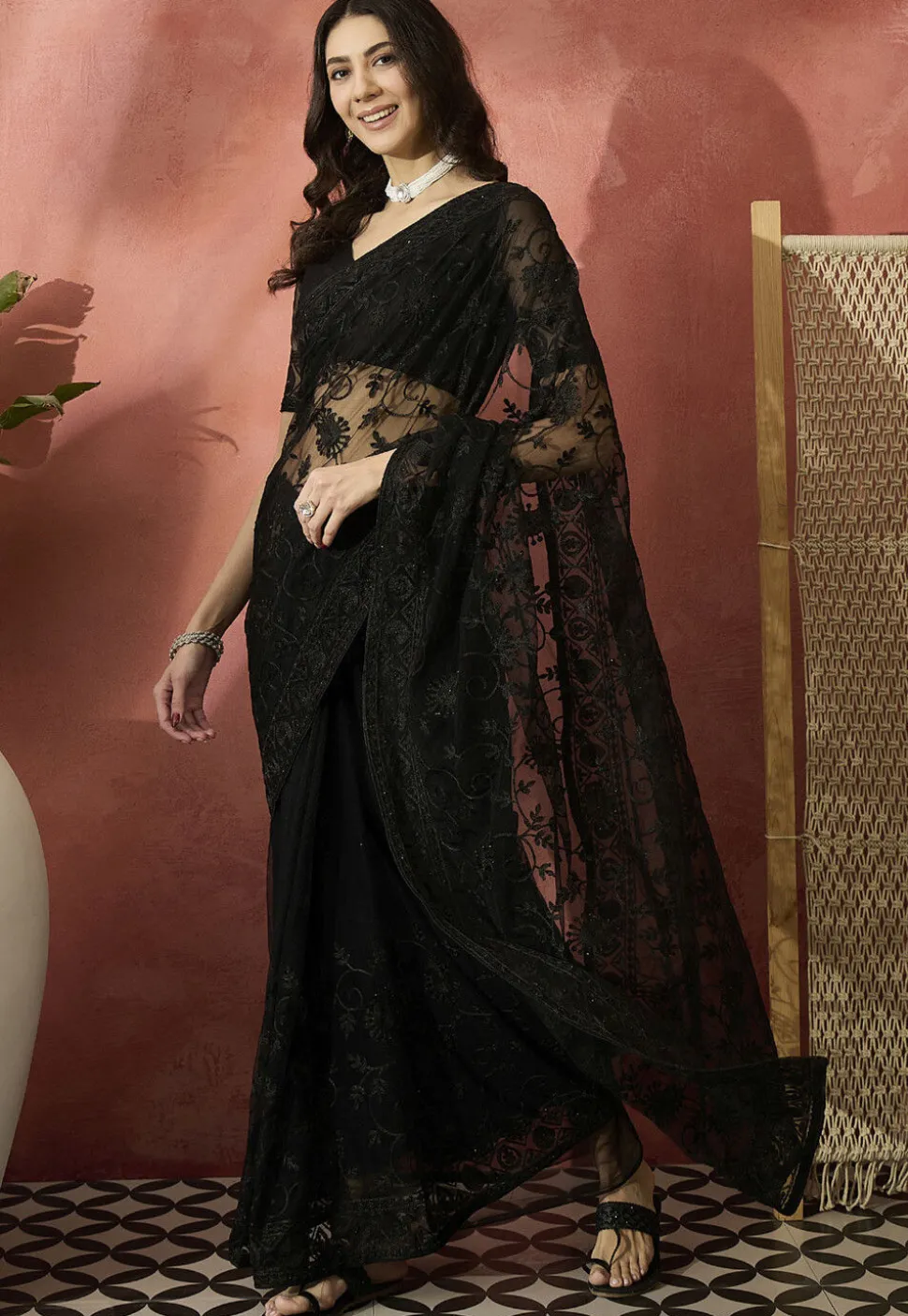 Embroidered Net Saree in Black