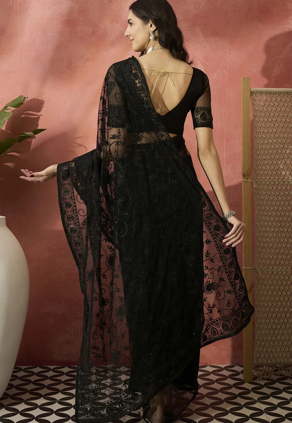 Embroidered Net Saree in Black