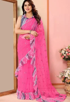 Embroidered Net Saree in Pink