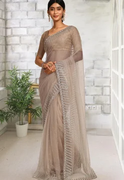 Embroidered Net Saree in Beige