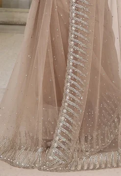 Embroidered Net Saree in Beige