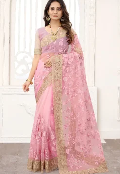 Embroidered Net Saree in Pink