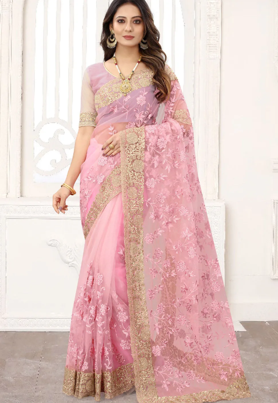 Embroidered Net Saree in Pink