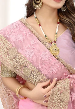 Embroidered Net Saree in Pink