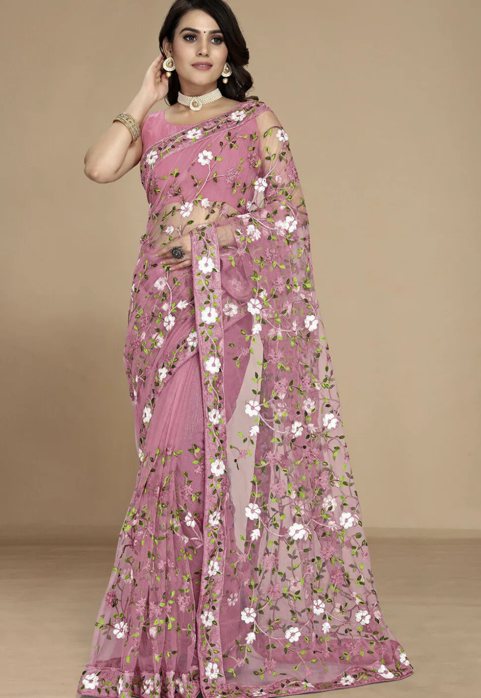 Embroidered Net Saree in Pink
