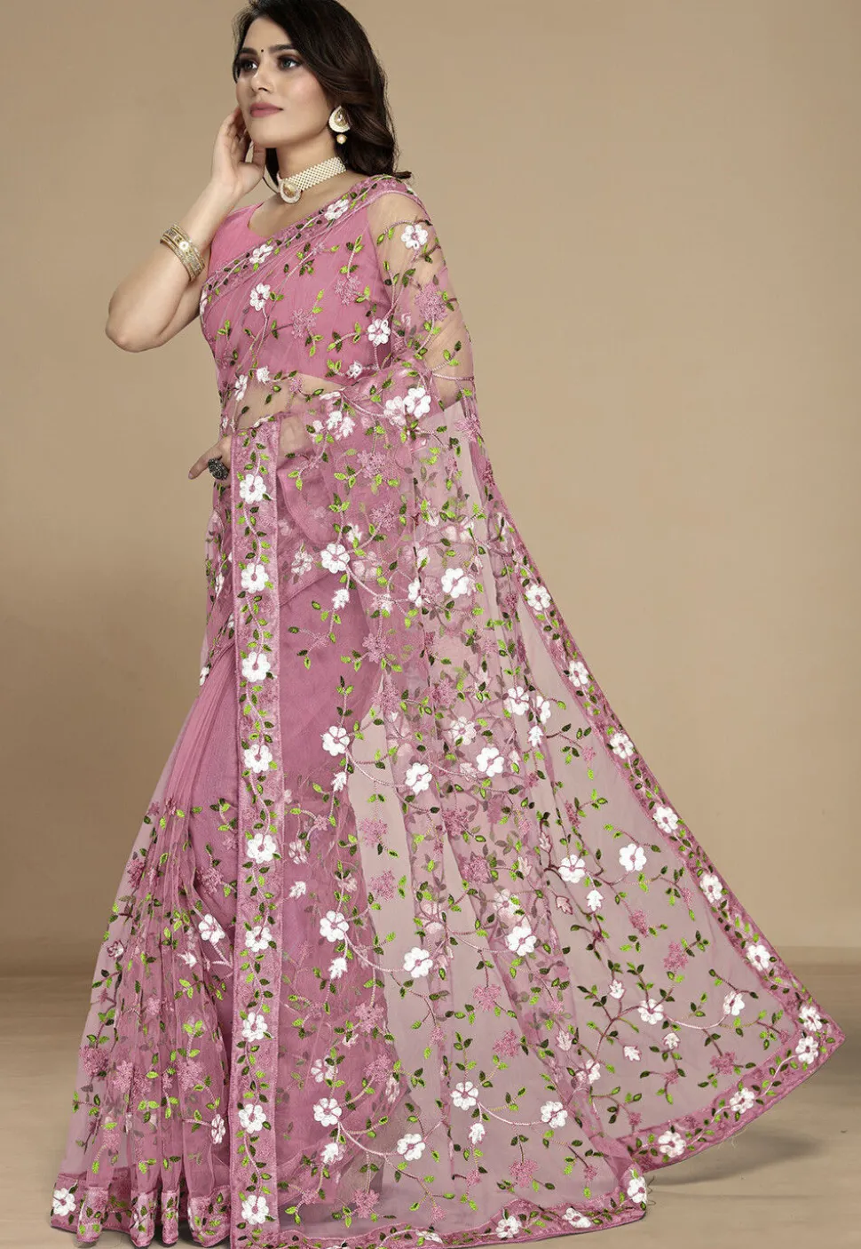 Embroidered Net Saree in Pink