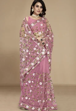 Embroidered Net Saree in Pink