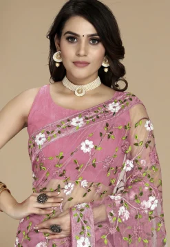 Embroidered Net Saree in Pink