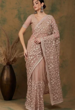 Embroidered Net Saree in Beige