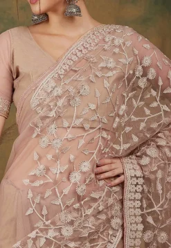 Embroidered Net Saree in Beige