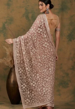 Embroidered Net Saree in Beige
