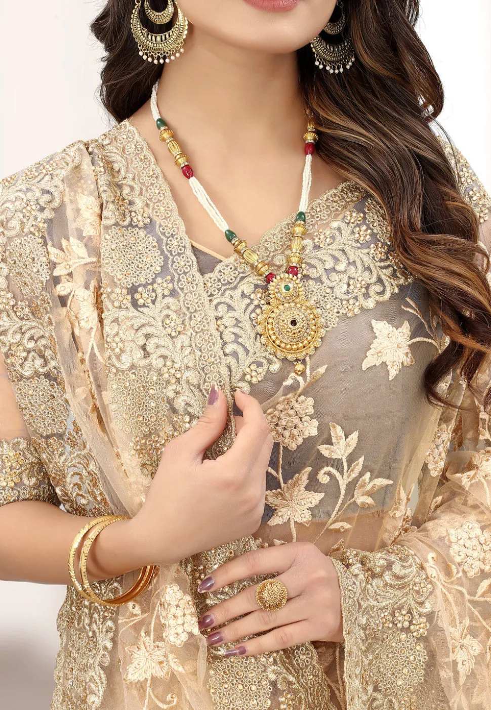 Embroidered Net Saree in Beige