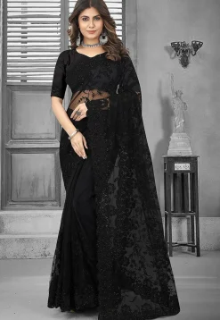 Embroidered Net Saree in Black
