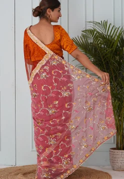 Embroidered Net Saree in Rust and Pink