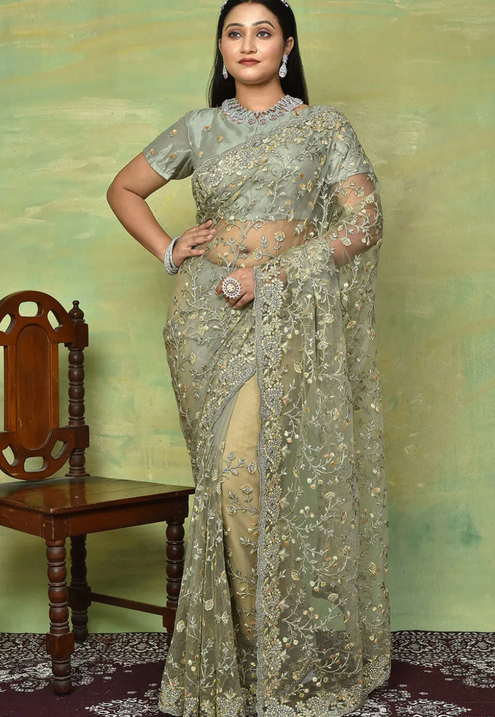 Embroidered Net Saree in Dusty Green