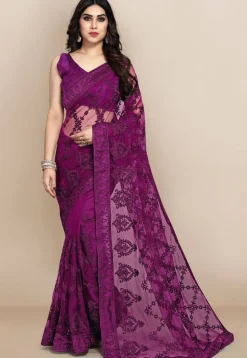 Embroidered Net Saree in Purple