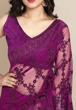 Embroidered Net Saree in Purple