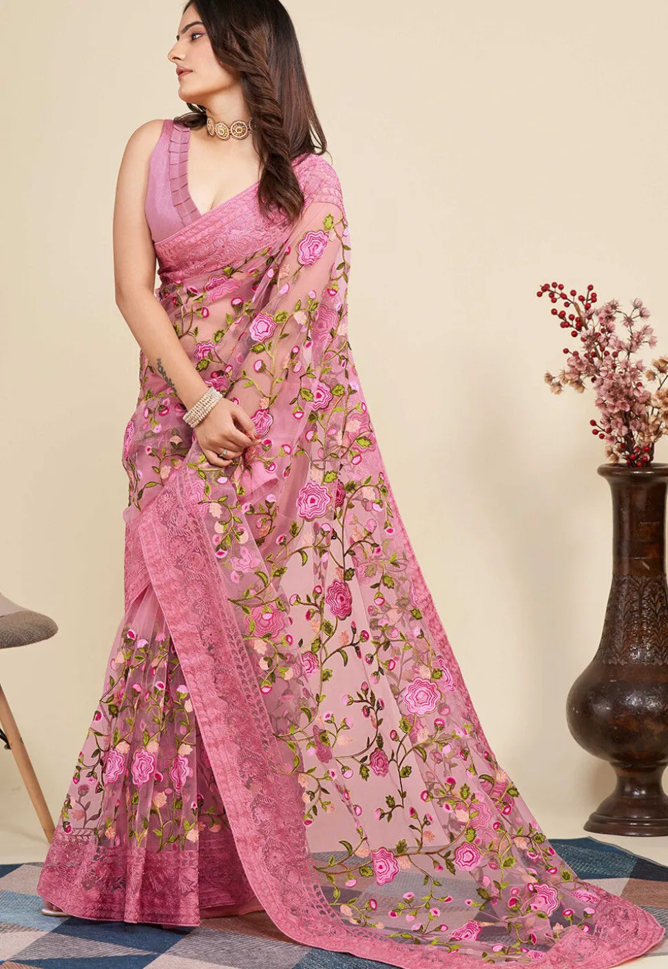 Embroidered Net Saree in Pink