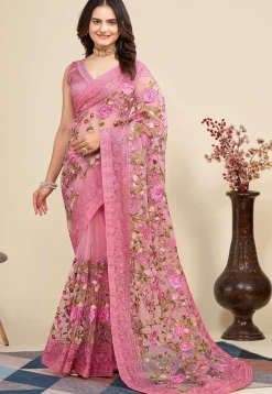Embroidered Net Saree in Pink