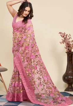 Embroidered Net Saree in Pink