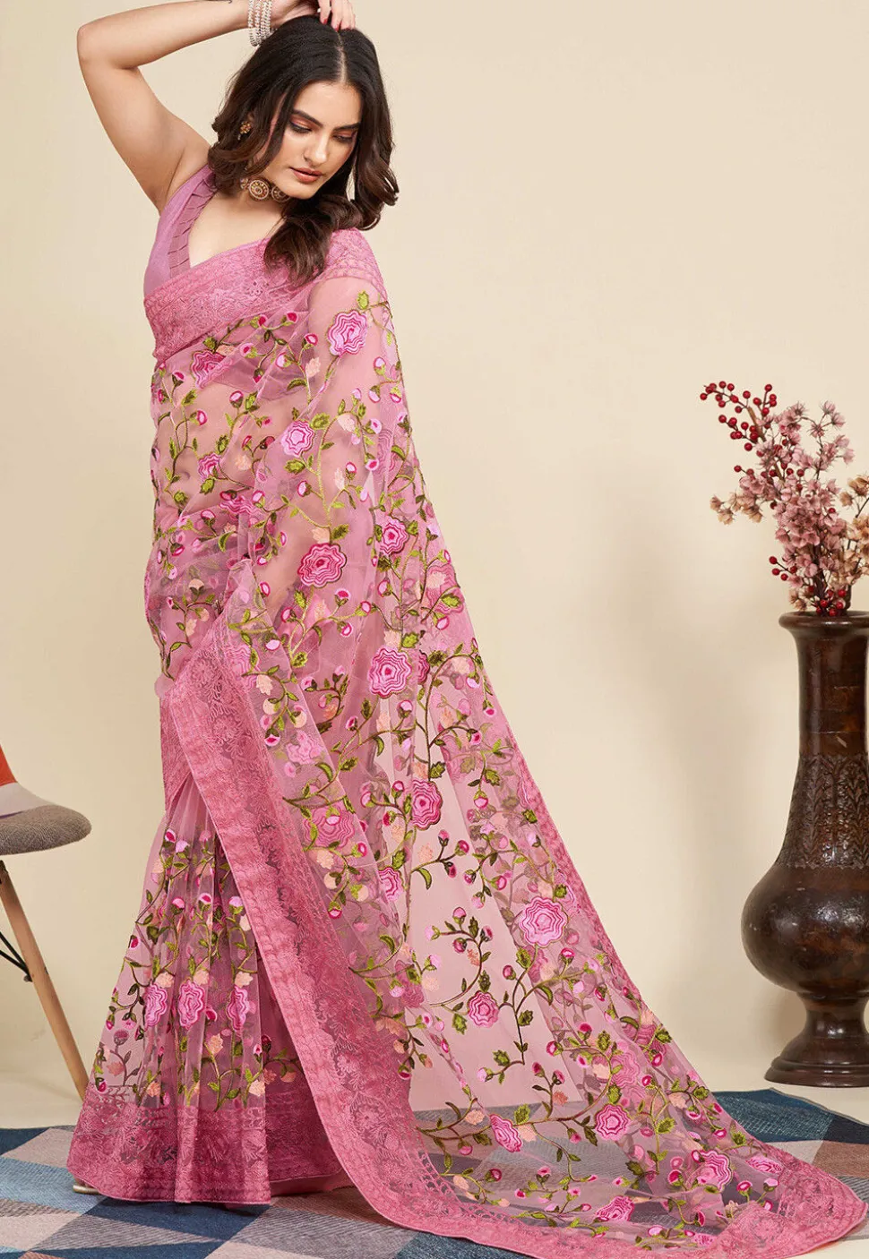 Embroidered Net Saree in Pink
