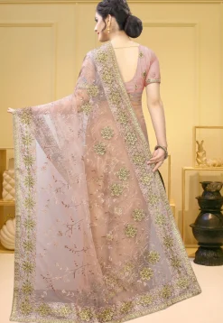 Embroidered Net Saree in Light Old Rose