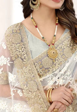 Embroidered Net Saree in Off White