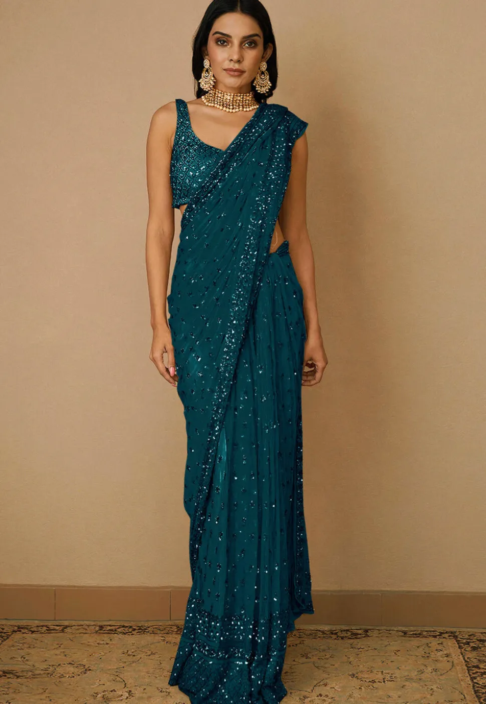 Embroidered Net Saree in Teal Blue