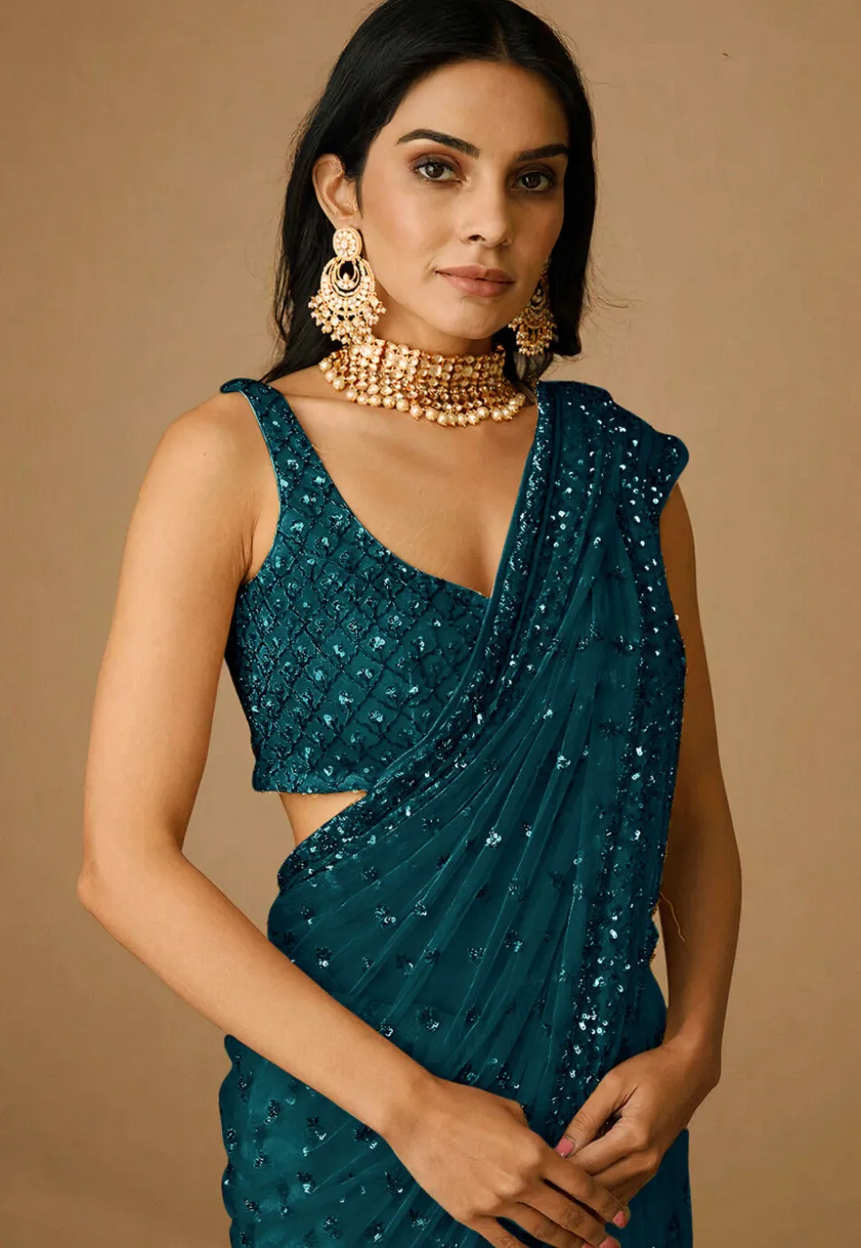 Embroidered Net Saree in Teal Blue