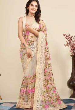 Embroidered Net  Saree in Beige
