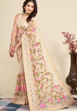 Embroidered Net  Saree in Beige