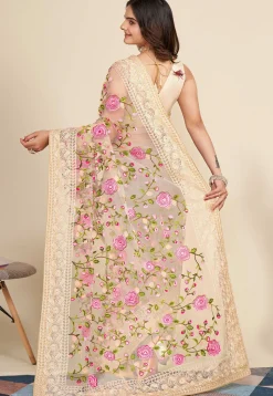 Embroidered Net  Saree in Beige