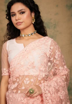Embroidered Net Saree in Peach
