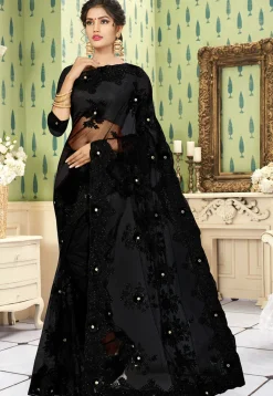 Embroidered Net Saree in Black