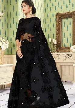 Embroidered Net Saree in Black