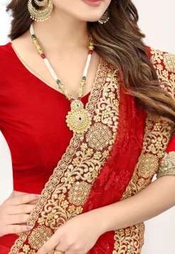 Embroidered Net Saree in Red