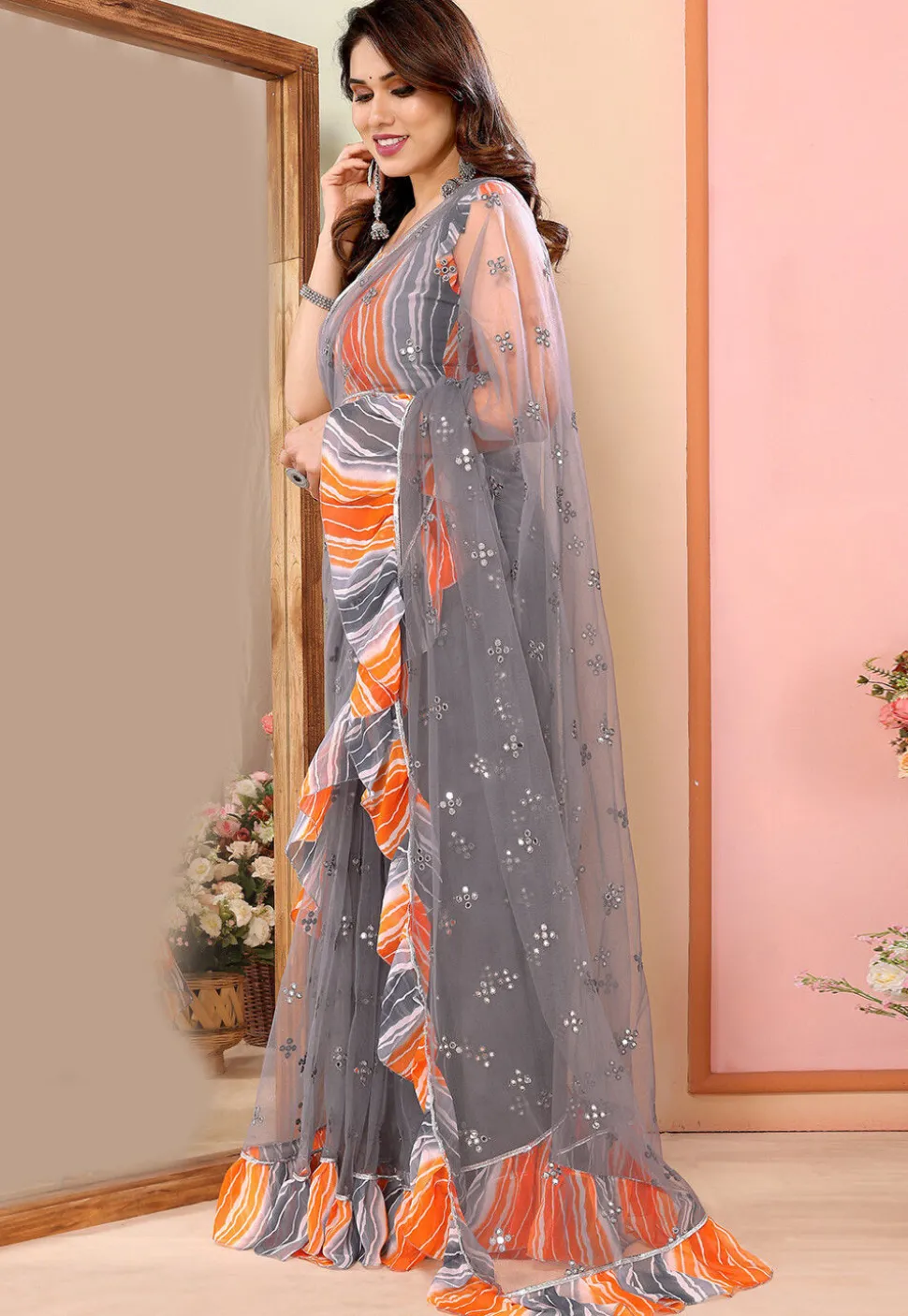 Embroidered Net Saree in Grey