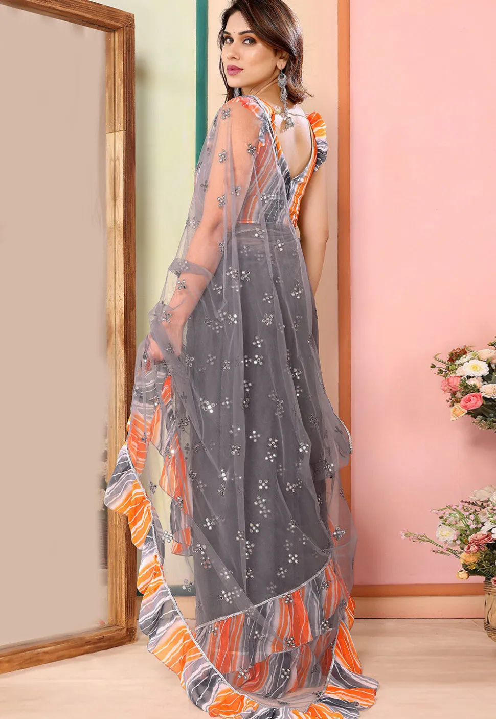 Embroidered Net Saree in Grey