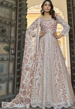 Embroidered Net Scalloped Abaya Style Suit in Peach