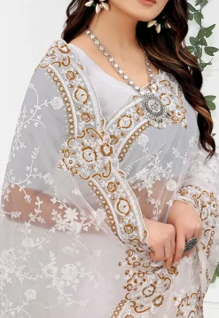 Embroidered Net Scalloped Saree in Off White