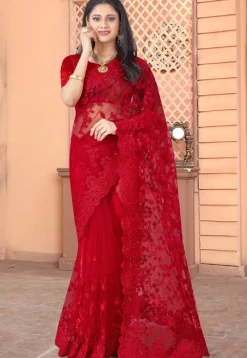 Embroidered Net Scalloped Saree in Red