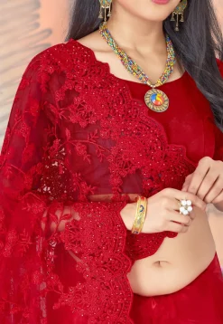 Embroidered Net Scalloped Saree in Red