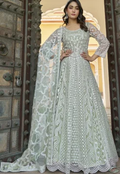 Embroidered Net Scalloped Abaya Style Suit in Light Green