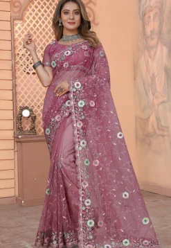 Embroidered Net Scalloped Saree in Pink
