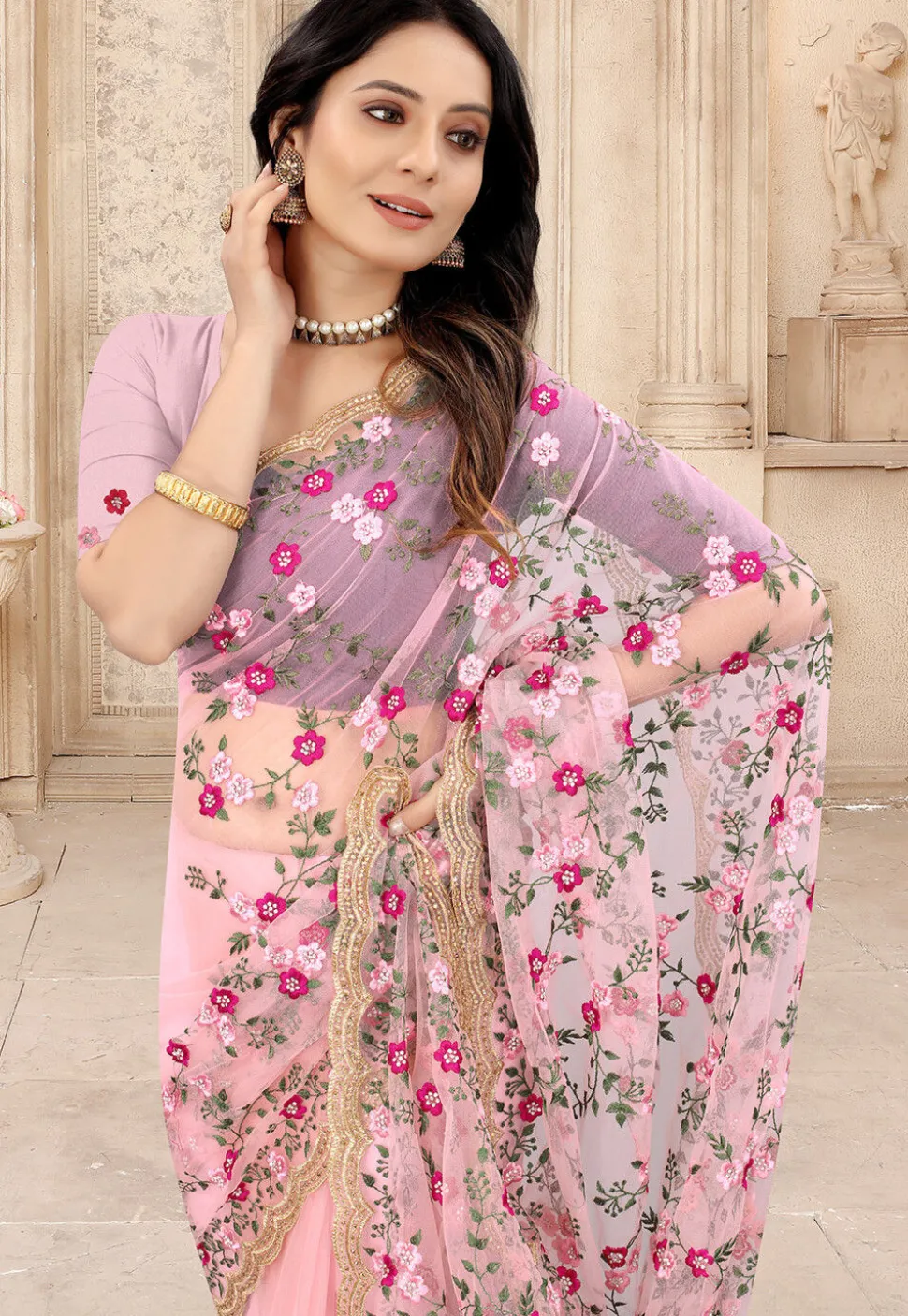 Embroidered Net Scalloped Saree in Light Pink
