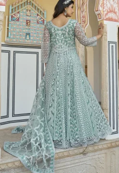Embroidered Net Scalloped Abaya Style Suit in Light Blue