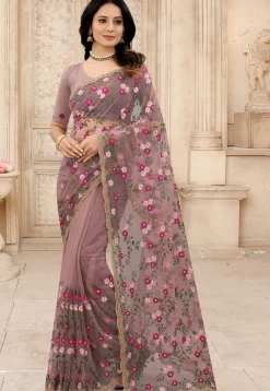 Embroidered Net Scalloped Saree in Dusty Purple