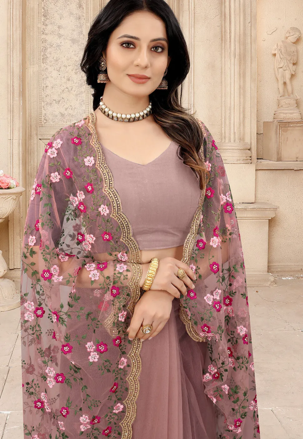 Embroidered Net Scalloped Saree in Dusty Purple